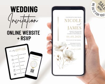 Gold Flower Minimalist Digital Wedding Invitation & RSVP With Music - Mini Wedding Website - Electronic Mobile Invite - Online RSVP