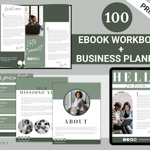 May include: A digital business planner and ebook workbook with a green and white design. The cover reads "100 Ebook Workbook + Business Planner." Additional pages include "Welcome," "The Price List," and "About." The word "Printable" is in the upper right corner.