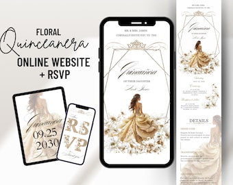 Musical floral mis quince website invitation with RSVP, minimalist princess quinceañera, glitter sweet 16th birthday e-invite & RSVP