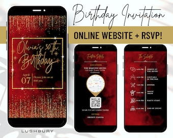 Invito di compleanno rosso e risposta con musica - Mini sito Web di compleanno - Invito elettronico mobile - RSVP online