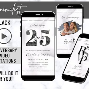 Invitation vidéo minimaliste d’anniversaire de mariage blanc noir, carte animée, invitation d’anniversaire numérique, invitation électronique