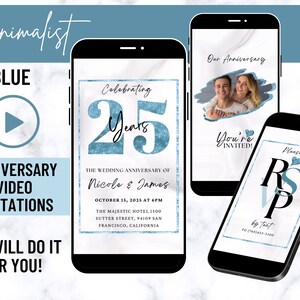 Minimalistische blaue Hochzeitstag Video Einladung, animierte Karte, digitale Hochzeitseinladung, elektronische Einladung