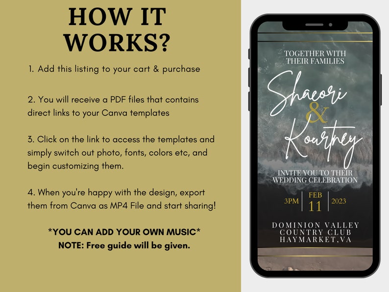 K&ouml;nnte beinhalten: Eine digitale Hochzeitseinladungsvorlage mit einem dunkelblauen und goldenen Farbschema. Der Text lautet "Shacari & Courtney" und "Invite you to their wedding celebration" mit Datum und Uhrzeit der Veranstaltung. Der Hintergrund zeigt ein verschwommenes Bild von Ozeanwellen.