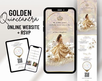 May include: A digital invitation for a Quinceañera celebration. The invitation features a gold and white color scheme with a crown and a young woman in a golden gown. The text reads "Mr. & Mrs. James cordially invite you to the Quinceañera of their daughter Nicole James".