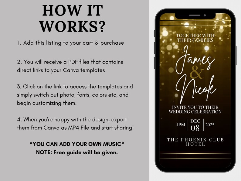 Gold Glitter Wedding Video Invitation, Animated Wedding Card, Custom Editable Wedding Invitation, Electronic Invitation image 2