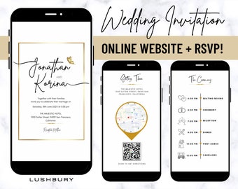 Gold Minimalist Digital Wedding Invitation & RSVP With Music - Mini Wedding Website - Electronic Mobile Invite - Online RSVP