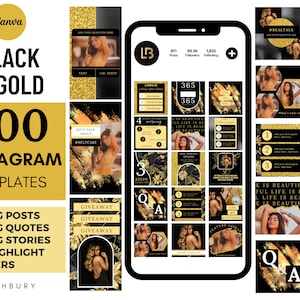 May include: A collection of 300 black and gold Instagram templates for social media. The templates include quotes, posts, stories, and highlight covers. The templates feature gold glitter, black backgrounds, and floral designs.