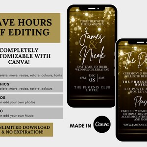 Gold Glitter Wedding Video Invitation, Animated Wedding Card, Custom Editable Wedding Invitation, Electronic Invitation image 3