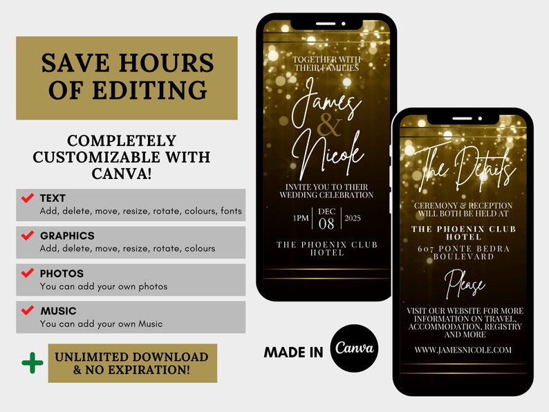 Gold Glitter Wedding Video Invitation, Animated Wedding Card, Custom Editable Wedding Invitation, Electronic Invitation image 3