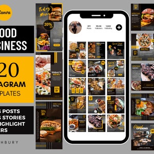 Op de afbeelding: Een verzameling van 420 Instagram-sjablonen voor foodbedrijven, waaronder 150 berichten, 150 verhalen en 120 highlight-covers. De sjablonen hebben een zwart-gouden kleurenschema met afbeeldingen van eten en tekstoverlays.