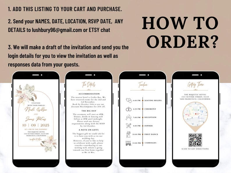 May include: A digital wedding invitation template with a floral design. The invitation includes the couple's names, wedding date, and location. The template also includes a timeline of events and a map with directions to the venue.