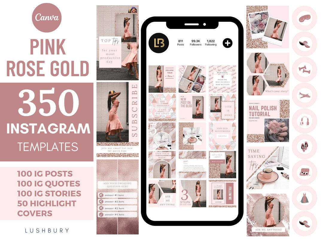 350 Instagram Templates | Pink Social Media Templates| Rose Gold Canva ...