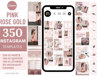 Könnte beinhalten: Eine Sammlung von 350 Instagram-Vorlagen in Pink und Roségold für soziale Medien. Die Vorlagen umfassen 100 IG-Posts, 100 IG-Zitate, 100 IG-Storys und 50 Highlight-Cover. Die Vorlagen zeichnen sich durch eine Vielzahl von Designs aus, darunter Marmor-, Glitzer- und geometrische Muster.