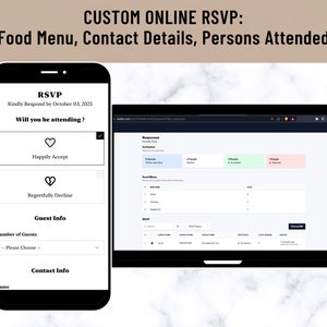 May include: A mobile phone screen displaying a custom online RSVP form with the text "RSVP" and "Kindly Respond by October 03, 2025". The form asks "Will you be attending?" with two options: "Happily Accept" and "Regretfully Decline". The form also includes a section for "Guest Info" and "Contact Info".