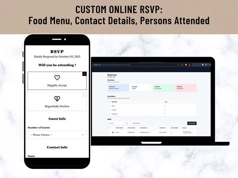 May include: A mobile phone screen displaying a custom online RSVP form with the text "RSVP" and "Kindly Respond by October 03, 2025". The form asks "Will you be attending?" with two options: "Happily Accept" and "Regretfully Decline". The form also includes a section for "Guest Info" and "Contact Info".