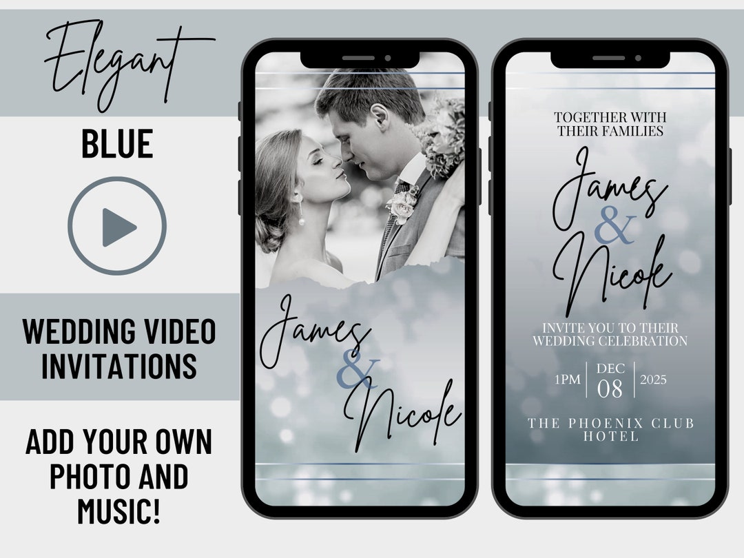Elegant Blue Wedding Video Invitation, Animated Card, Digital Wedding
