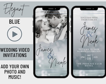 Elegante invitación de video de boda azul, tarjeta animada, invitación de boda digital, invitación de boda editable personalizada, invitación electrónica