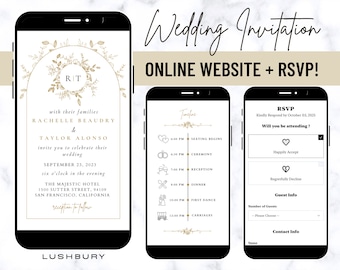 Online Wedding Invitation Mini Website & RSVP With Music, Gold Digital Wedding Website, Online RSVP and Schedule, Electronic Invite