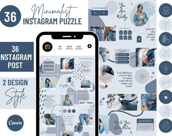 Może przedstawiać: Cyfrowa makieta produktu minimalistycznego szablonu układanki Instagram z 36 elementami. Projekt charakteryzuje się jasnoniebieską i białą kolorystyką z tekstem "Minimalist Instagram Puzzle", "36 Instagram Post" i "2 Design Style". Szablon jest przeznaczony do użytku z Canva.