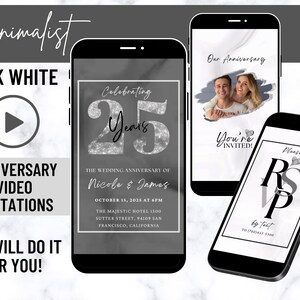 Minimalistische Schwarze Hochzeitstag Video Einladung, Animierte Karte, Digitale Jubiläumseinladung, Elektronische Einladung