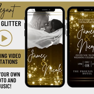 Gold Glitter Wedding Video Invitation, Animated Wedding Card, Custom Editable Wedding Invitation, Electronic Invitation image 1