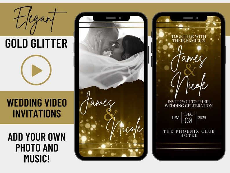 Gold Glitter Wedding Video Invitation, Animated Wedding Card, Custom Editable Wedding Invitation, Electronic Invitation image 1