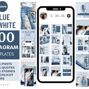 Pacchetto di 300 modelli Instagram animati blu (post/citazioni/storie) – Blu e bianco - Business - Blogger - Canva per social media – Creatore di corsi