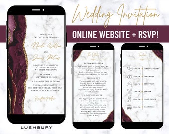 Online Burgundy Gold Wedding Invitation Mini Website & RSVP, Digital Wedding Website, Online RSVP and Schedule, Electronic Mobile Invite
