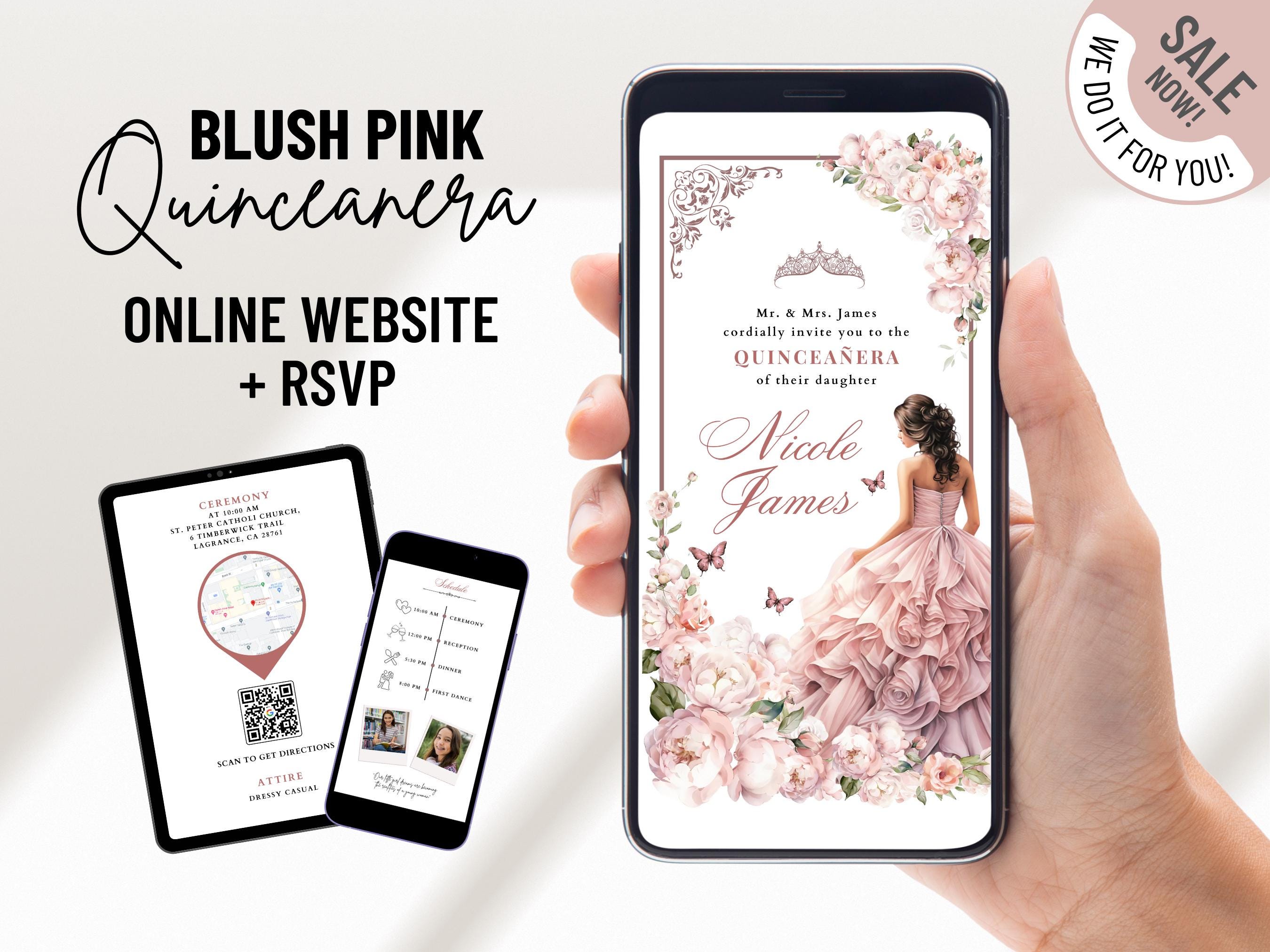 MUSICAL Blush Pink mis quince website invitation, pink dress princess quinceañera, pink roses royal sweet 16th birthday e-invite & RSVP