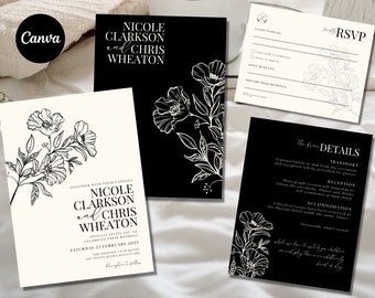 Black Minimalist Wedding Invitation Template Set Canva, Elegant Floral Wedding Invitation Template Download, Simple Editable Wedding Card