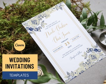 Blue Gold Wedding Invitation Template Canva - Botanical Floral Wedding Invitation Template Download - Minimalist Editable Invitation