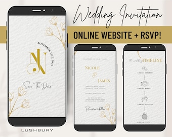 Invitación y confirmación de asistencia para sitio web de boda rústica dorada con música - Mini sitio web de boda - Invitación electrónica móvil - Confirmación de asistencia en línea