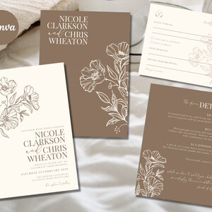 Conjunto de modelo de convite de casamento minimalista marrom Canva, download de modelo de convite de casamento floral estético, cartão de casamento editável simples