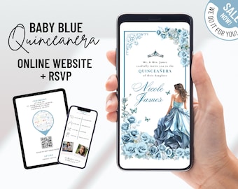 MUSICAL Baby Blue mis quince website invitation, Blue dress princess quinceañera, Blue roses royal sweet 16th birthday e-invite & RSVP