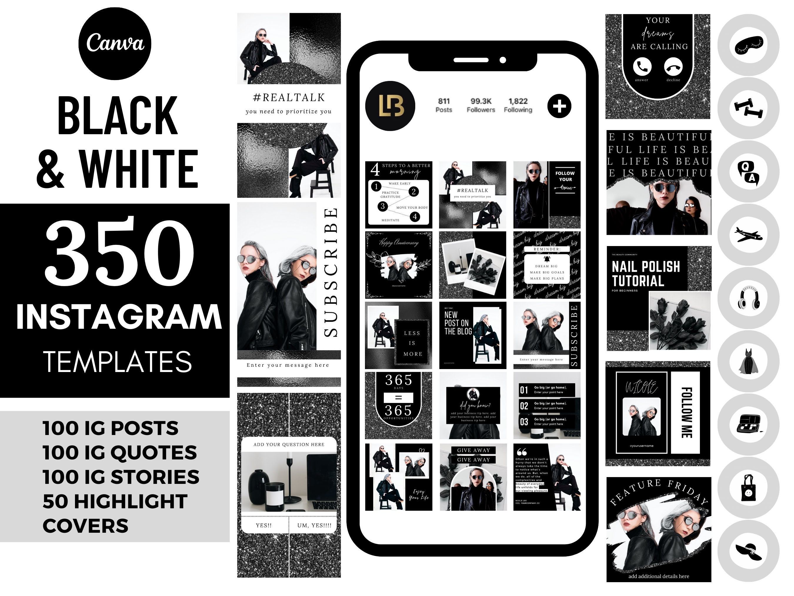 350 Black & White Instagram Templates Black Social Media Templates