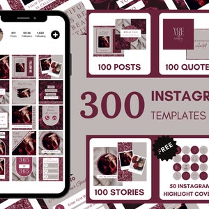 300 Instagram Template Bundle (Post/Quotes/Story) – Red Maroon & Grey - Business - Blogger - Social Media - Canva – Affirmations - Coaching