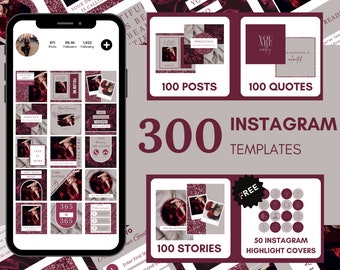 300 Instagram Template Bundle (Post/Quotes/Story) – Red Maroon & Grey - Business - Blogger - Social Media - Canva – Affirmations - Coaching