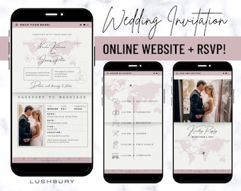 Online Passport Wedding Invitation Mini Website & RSVP, Rose Gold Digital Wedding Website, Online RSVP and Schedule, Mobile Invite