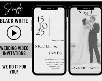 May include: Black and white wedding save the date video invitation with a photo of a couple on a beach. The text reads "Save the Date!" and "N & J" with a heart symbol. The date is October 15, 2025 at 6pm. The location is The Majestic Hotel, 1500 Sutter Street, San Francisco, California.