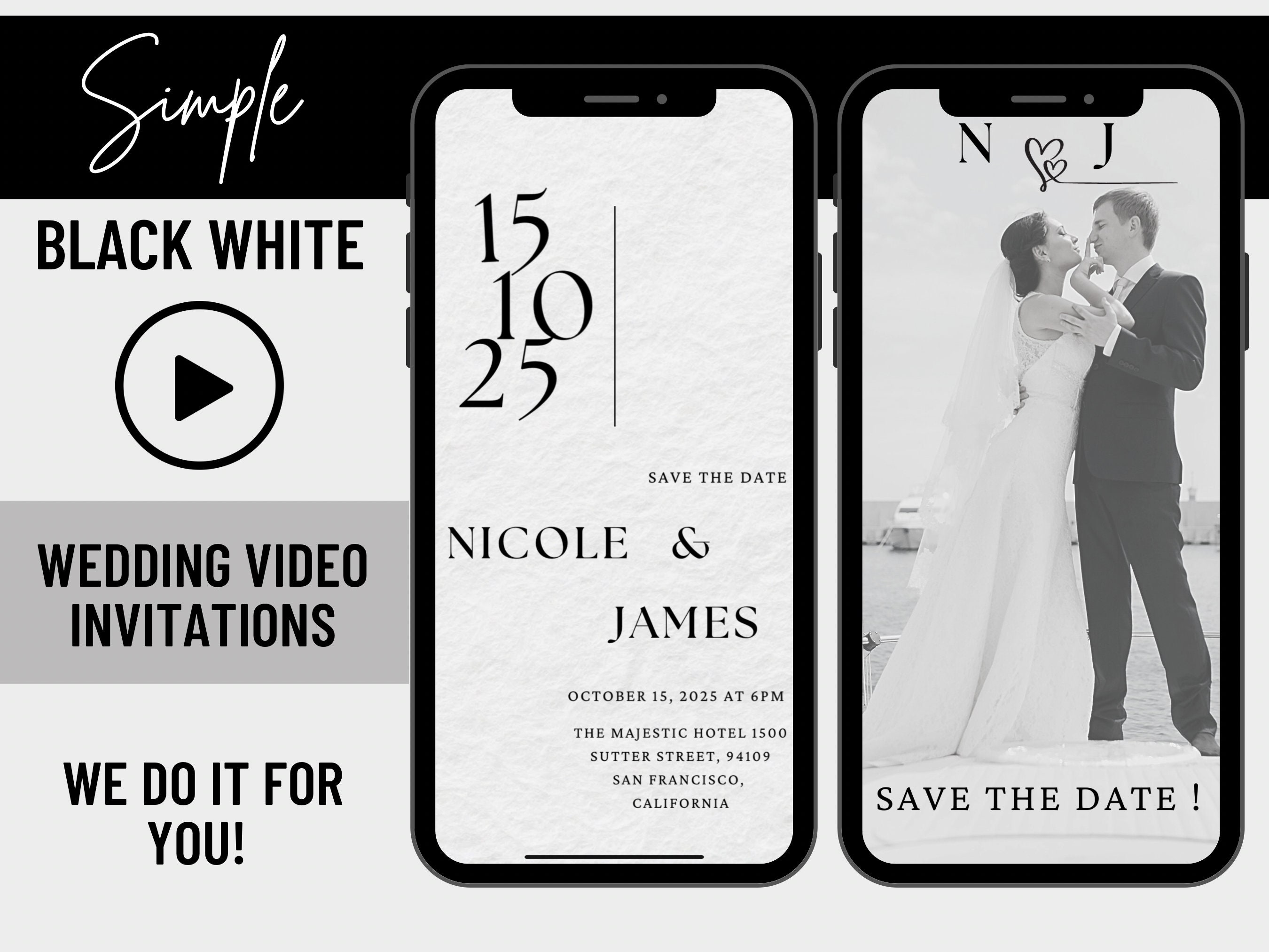 Classic Black &amp; White Wedding Invitation Video, Animated RSVP, Digital ...