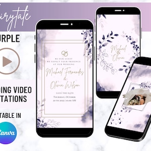 Elegante lila Videoeinladung mit Musik, animierte Karte, digitale Hochzeitseinladung, benutzerdefinierte bearbeitbare Einladung, Hochzeit E-vite