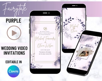 Elegant Purple Video Invitation With Music, Animated Card, Digital Wedding Invitation, Custom Editable Invitation, Wedding E-vite