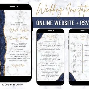 Blue Marble Wedding Invitation Mini Website & RSVP, Digital Wedding Website With Music, Online RSVP and Schedule, Electronic Mobile Invite