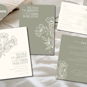 Dusty Green Minimalistische Hochzeitseinladung Vorlage Set Canva, Botanische Blumen Hochzeitseinladung Vorlage Download, Bearbeitbare Einladung