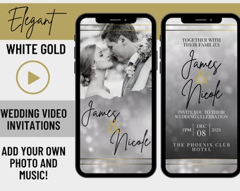 White Gold Wedding Video Invitation, Animated Invitation, Digital Wedding Invitation, Custom Editable Wedding Invite, Electronic Invitation