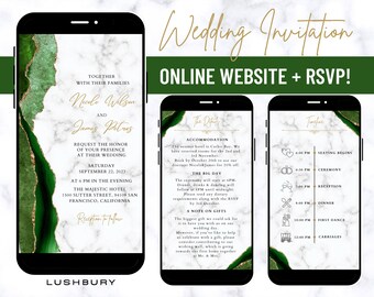 Mini site e RSVP de convite de casamento em mármore verde on-line, site de casamento digital, RSVP e programação on-line, convite eletrônico para celular