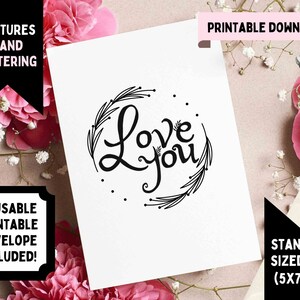 Carte de voeux imprimable Je t'aime avec des fougères, 5 x 7 pouces, lettrage à la main, enveloppe imprimable, soutien, encouragement, réconfort, carte de sympathie