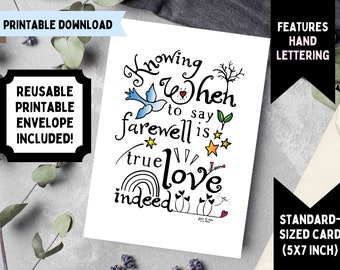 Printable Hand Lettered Condolence Card in Color, Pets or Humans, Divorce or Breakup Sympathy Card, Printable Envelope Included, Bird design