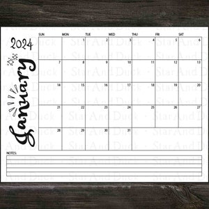 Januar 2024 druckbarer Kalender, druckbarer Monatskalender, U.S. Letter, Original Kunst, Januar Kalender 2024 zum ausdrucken, Schwarzweiß Monatsplaner Bild 9
