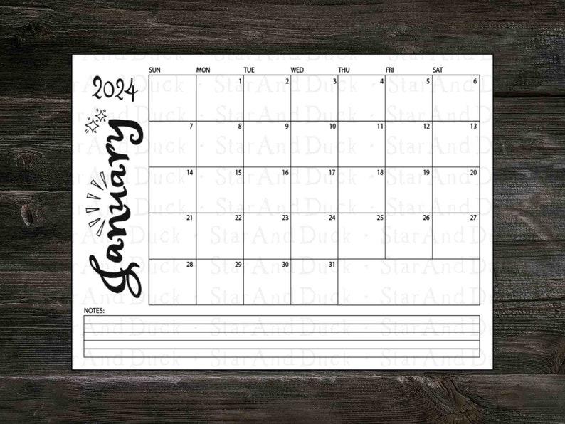 Januar 2024 druckbarer Kalender, druckbarer Monatskalender, U.S. Letter, Original Kunst, Januar Kalender 2024 zum ausdrucken, Schwarzweiß Monatsplaner Bild 9